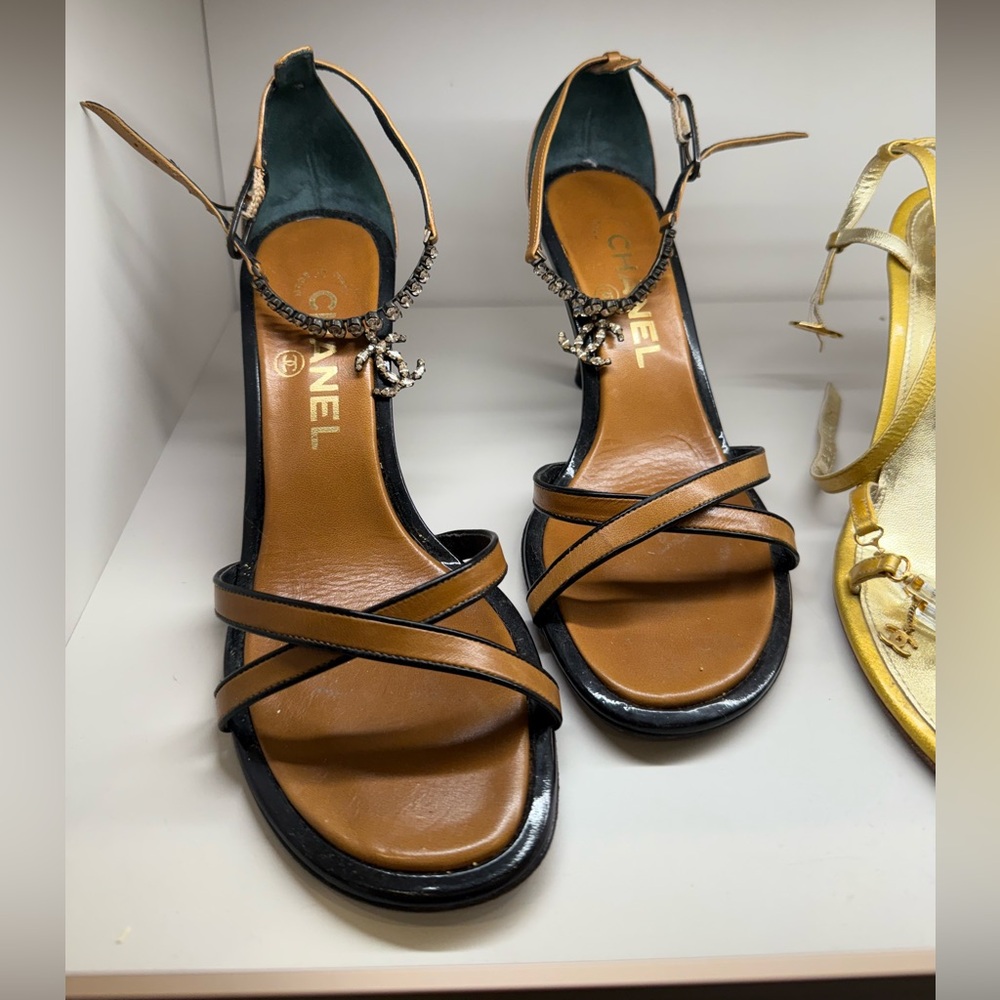 Brown Chanel crystal anklet sandals 37